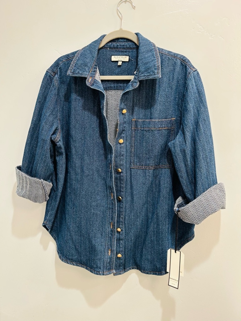 Bagatelle Denim Herringbone Shacket Jacket Blue Textured Gold Button Cotton L - Picture 3 of 12